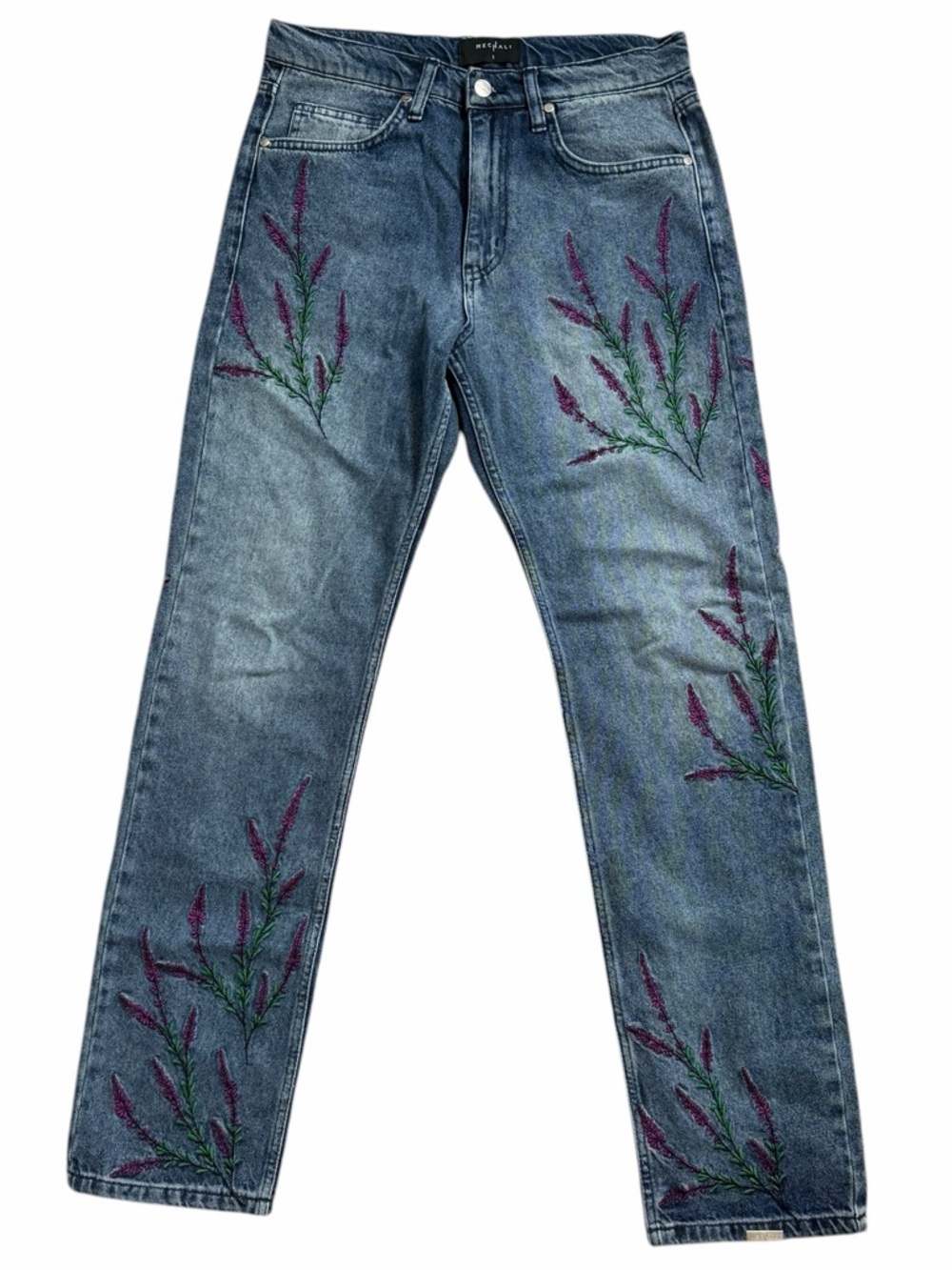 Mechali Embroidered Jeans Floral Denim‎ Straight Leg Unisex S